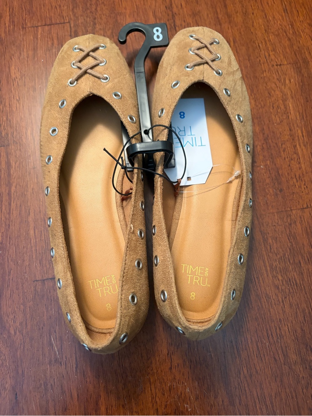 Time and Tru Tan Suede Lace-Up Eyelet Ballet Flats
